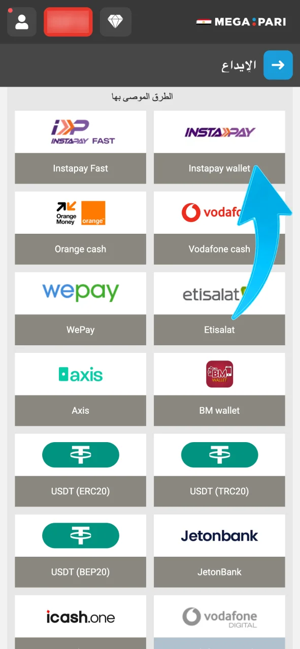 اختاري وسيلة الدفع المناسبة في Megapari، بما في ذلك العملات الرقمية.